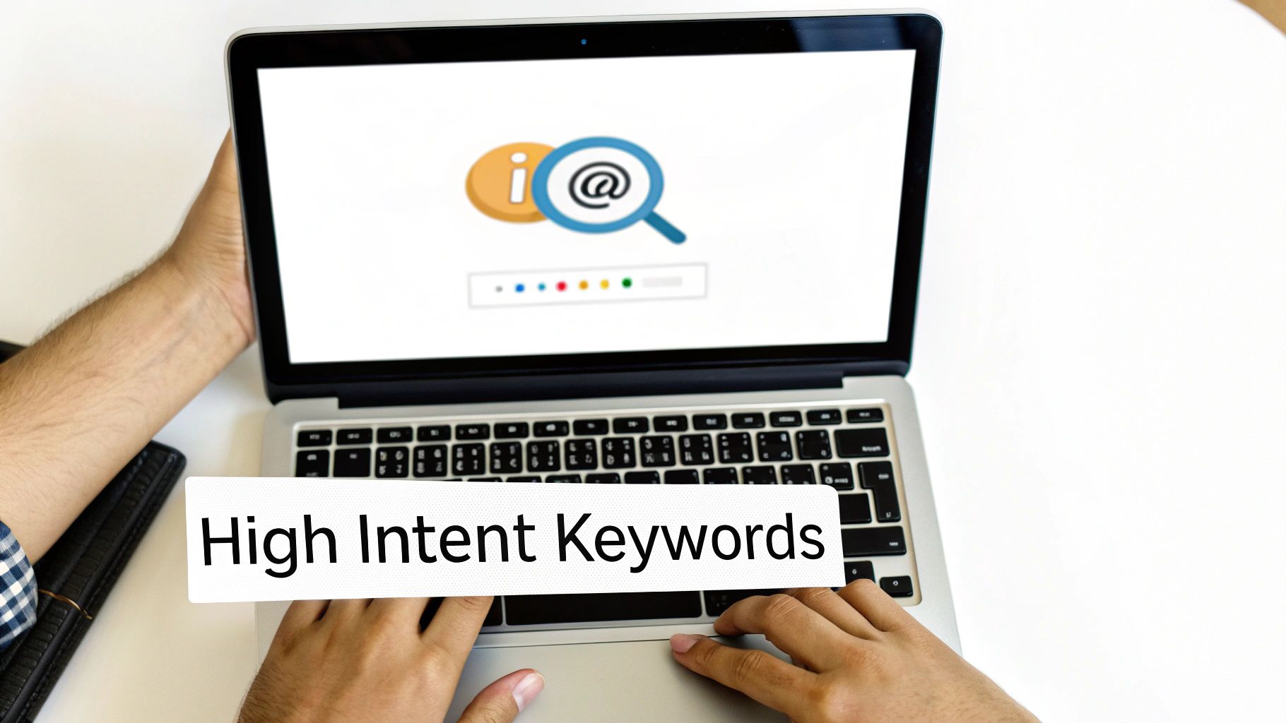 A person using a magnifying glass to look at a screen showing customer profiles and keyword lists, illustrating precision targeting.