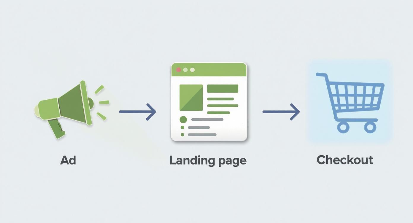 Infographic showing the conversion flow from an ad, to a landing page, to the checkout.
