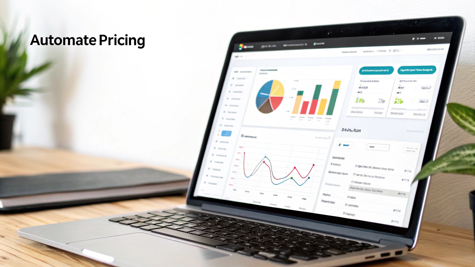 Laptop screen showing a price tracking dashboard with graphs and data