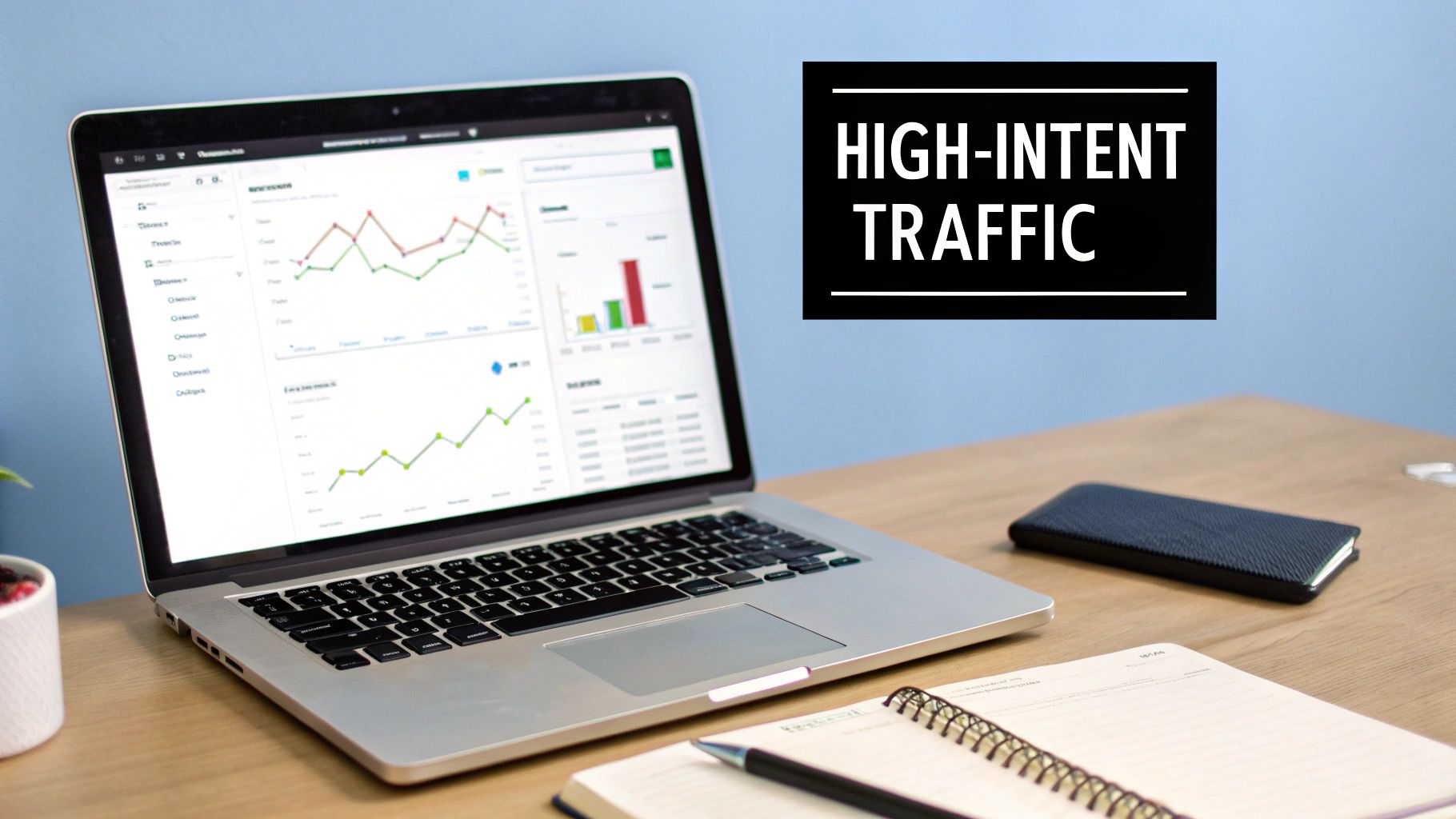 An image showing a magnifying glass over a laptop screen, symbolizing targeted traffic.