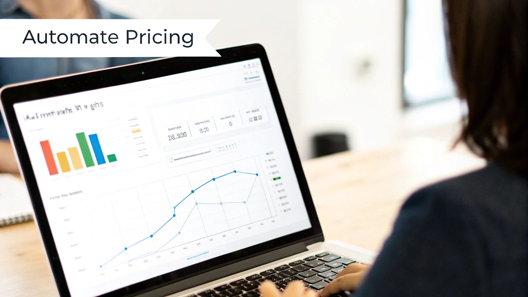 A chart showing key performance indicators (KPIs) like Buy Box ownership percentage and conversion rates, with a magnifying glass hovering over it, symbolizing the testing of an Amazon pricing strategy.