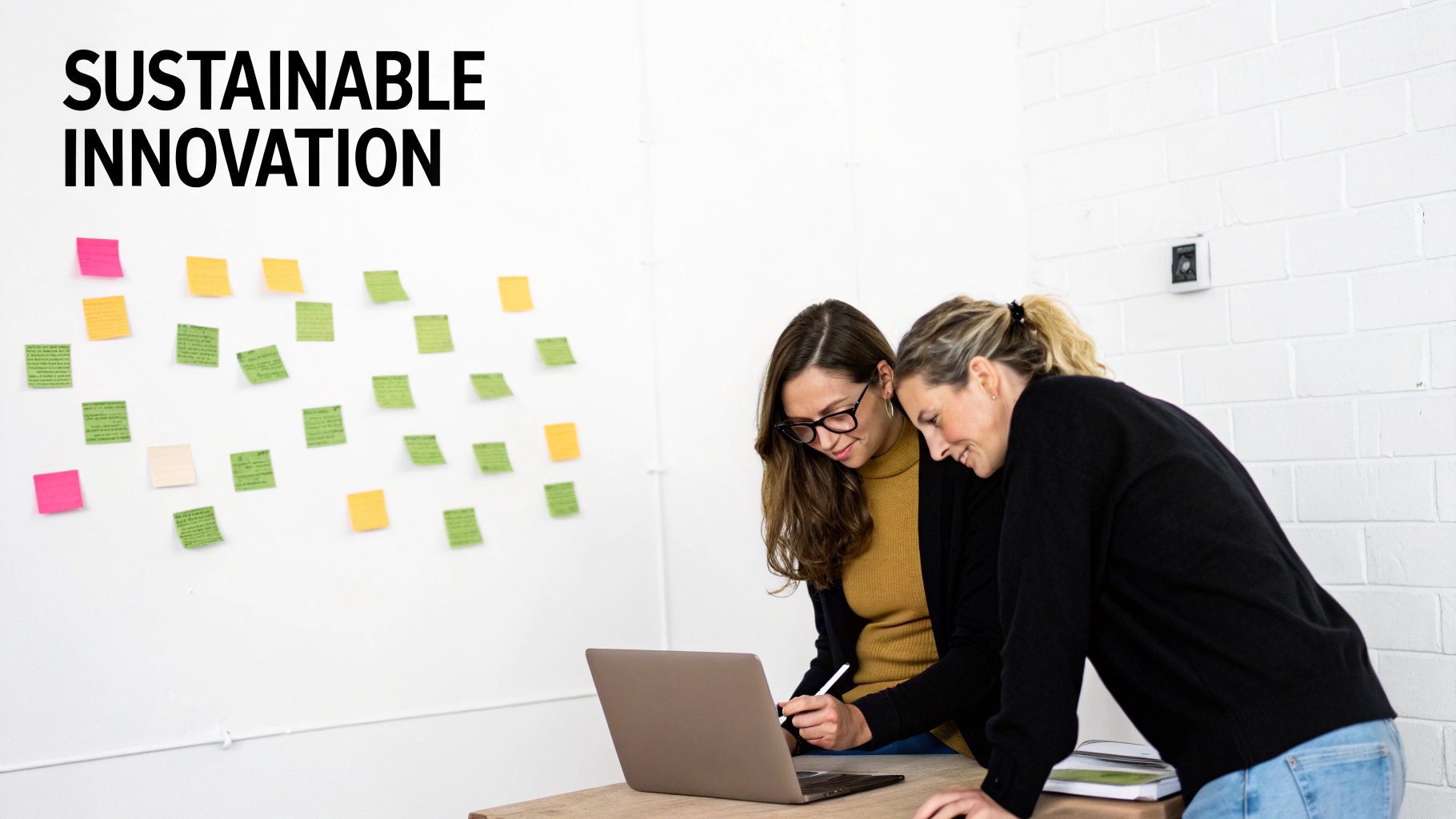 A team collaborating on a whiteboard covered in sticky notes, mapping out innovation strategies.