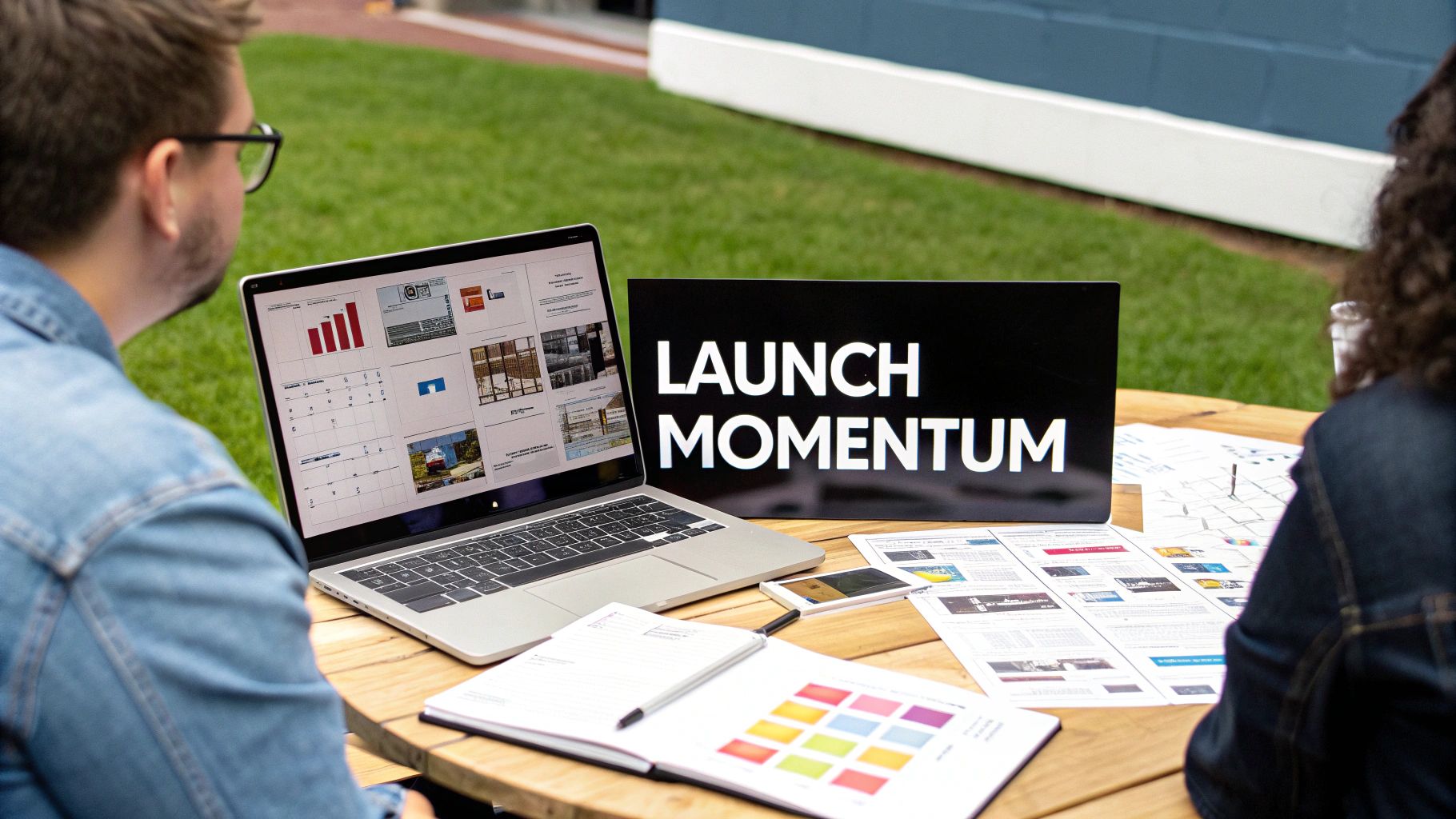 A group of colleagues gathered around a laptop, excitedly planning a product launch.