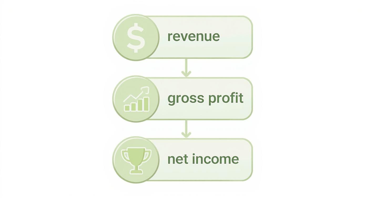 Infographic showing the flow from Revenue to Gross Profit to Net Income, key steps in understanding a profit and loss statement.