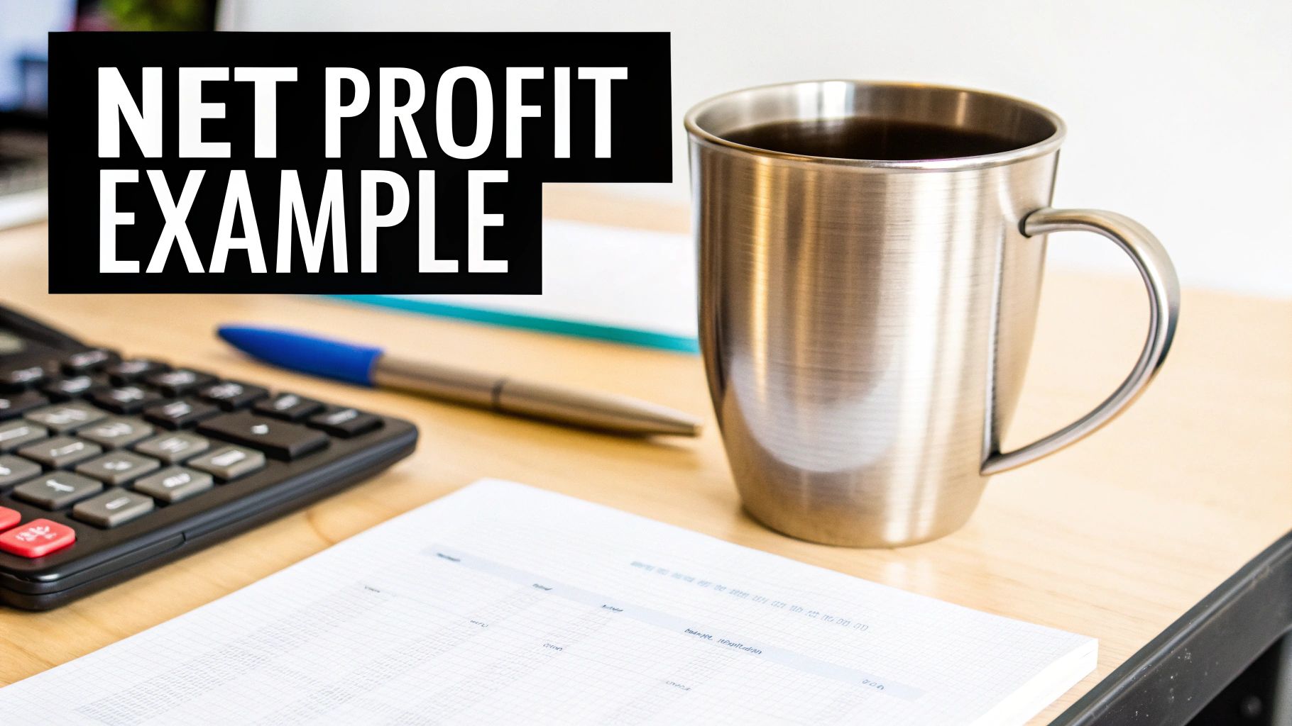 A person calculating costs with a coffee mug and a calculator nearby, illustrating a real-world Amazon selling example.