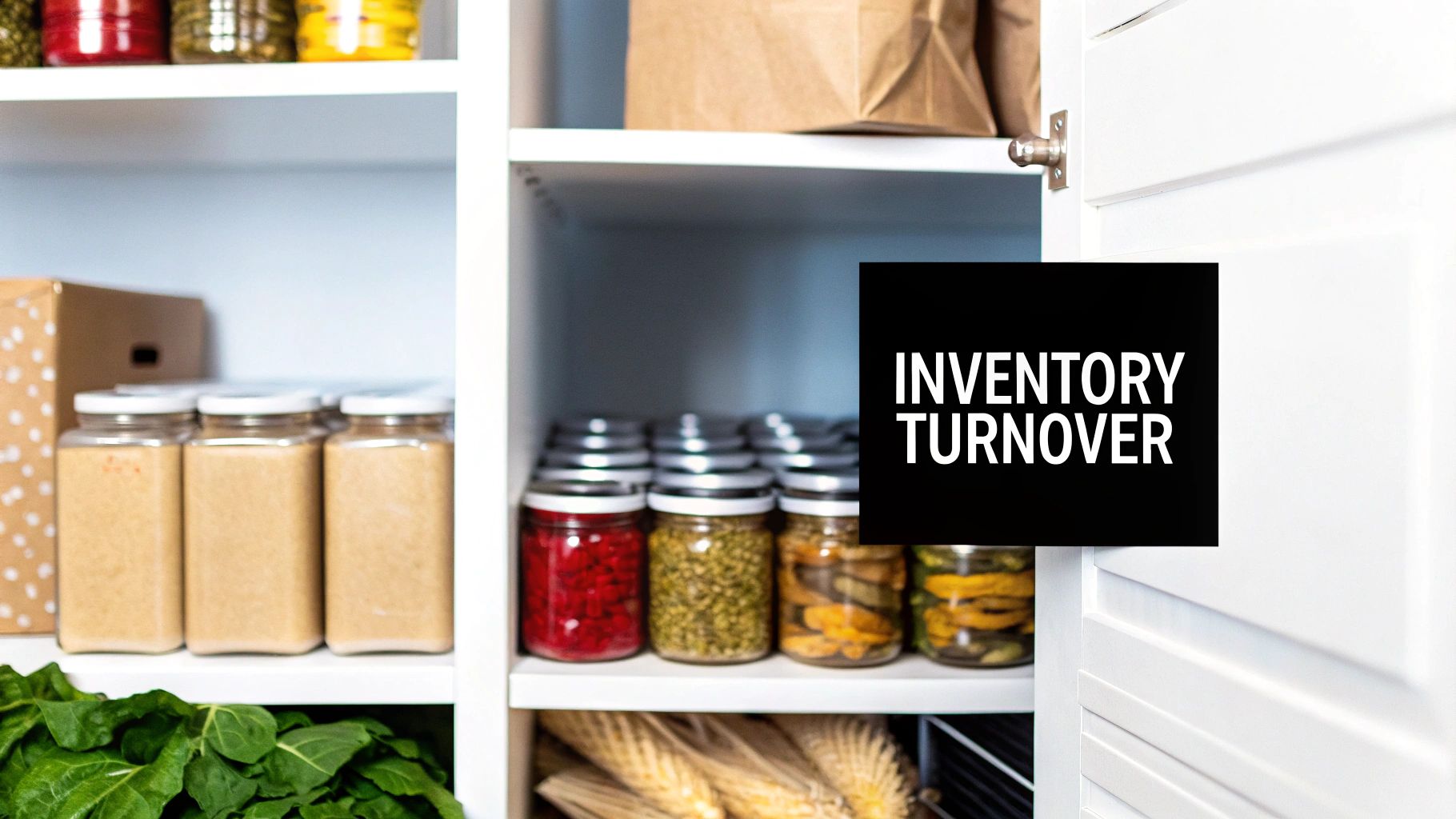 Organized pantry shelves with jars of food and inventory turnover text overlay displayed