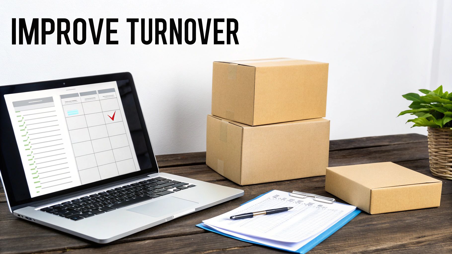 Laptop displaying inventory checklist with shipping boxes and clipboard on wooden desk for turnover management