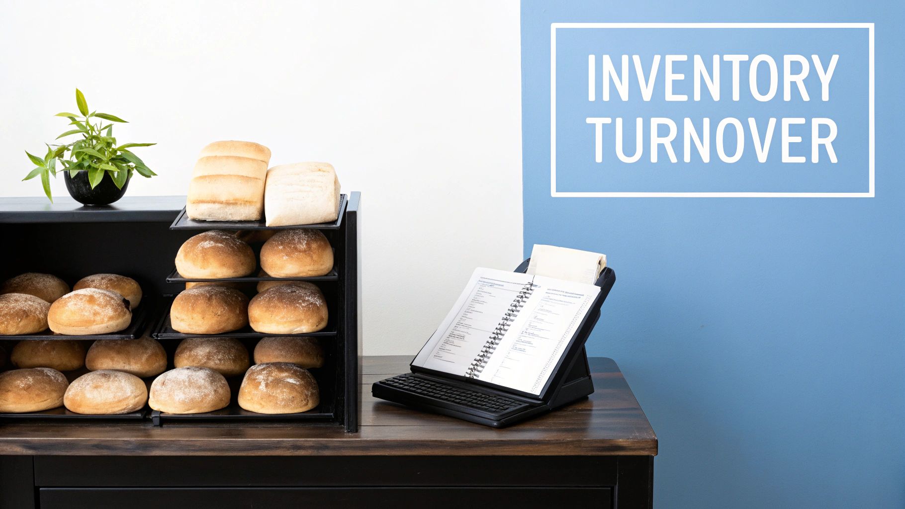 Bakery inventory management display with fresh bread on shelves and turnover tracking notebook