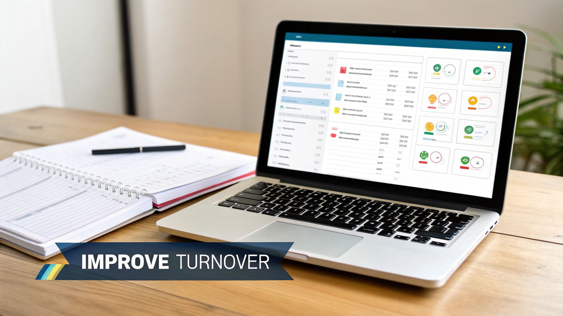 Laptop displaying inventory turnover analytics dashboard with performance metrics and data visualizations on wooden desk