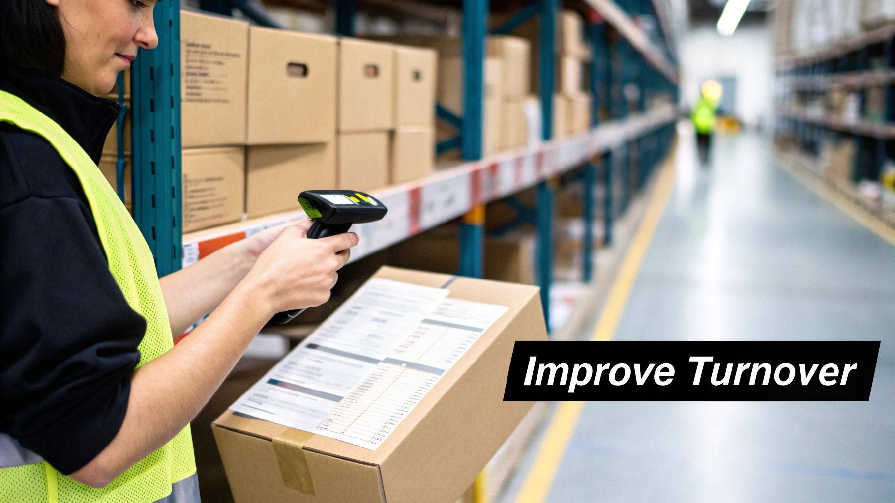 Warehouse worker scanning barcode on box with handheld device to improve inventory turnover
