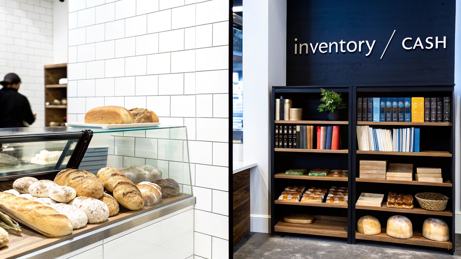 Modern bakery interior showing bread display case and organized inventory shelving with books and products