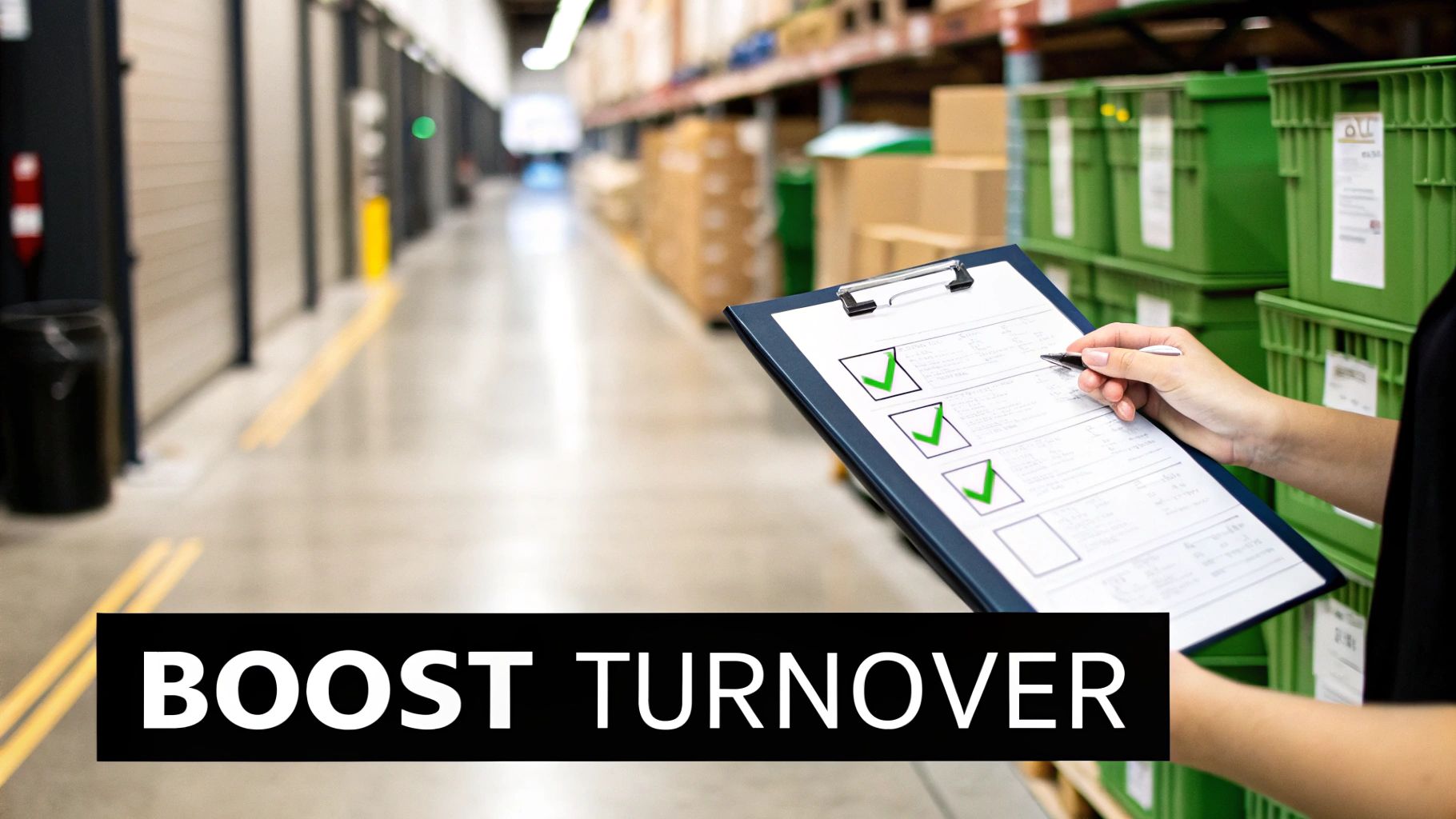 Warehouse worker holding checklist clipboard with green checkmarks beside storage bins to boost inventory turnover