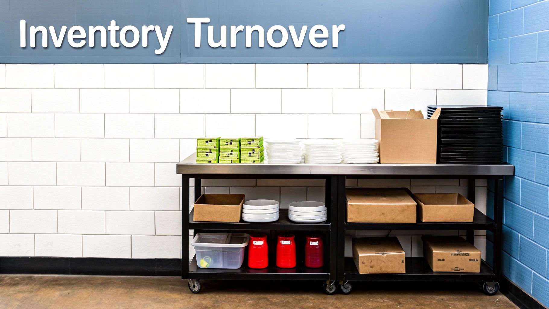 Organized restaurant inventory storage shelves with plates, containers, and supplies demonstrating inventory turnover management