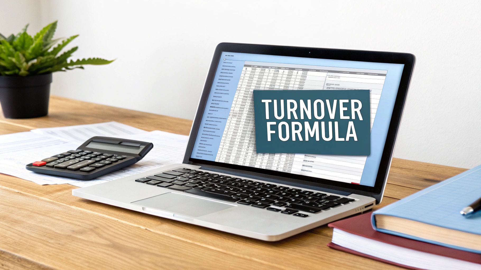 Laptop displaying turnover formula spreadsheet on wooden desk with calculator and books