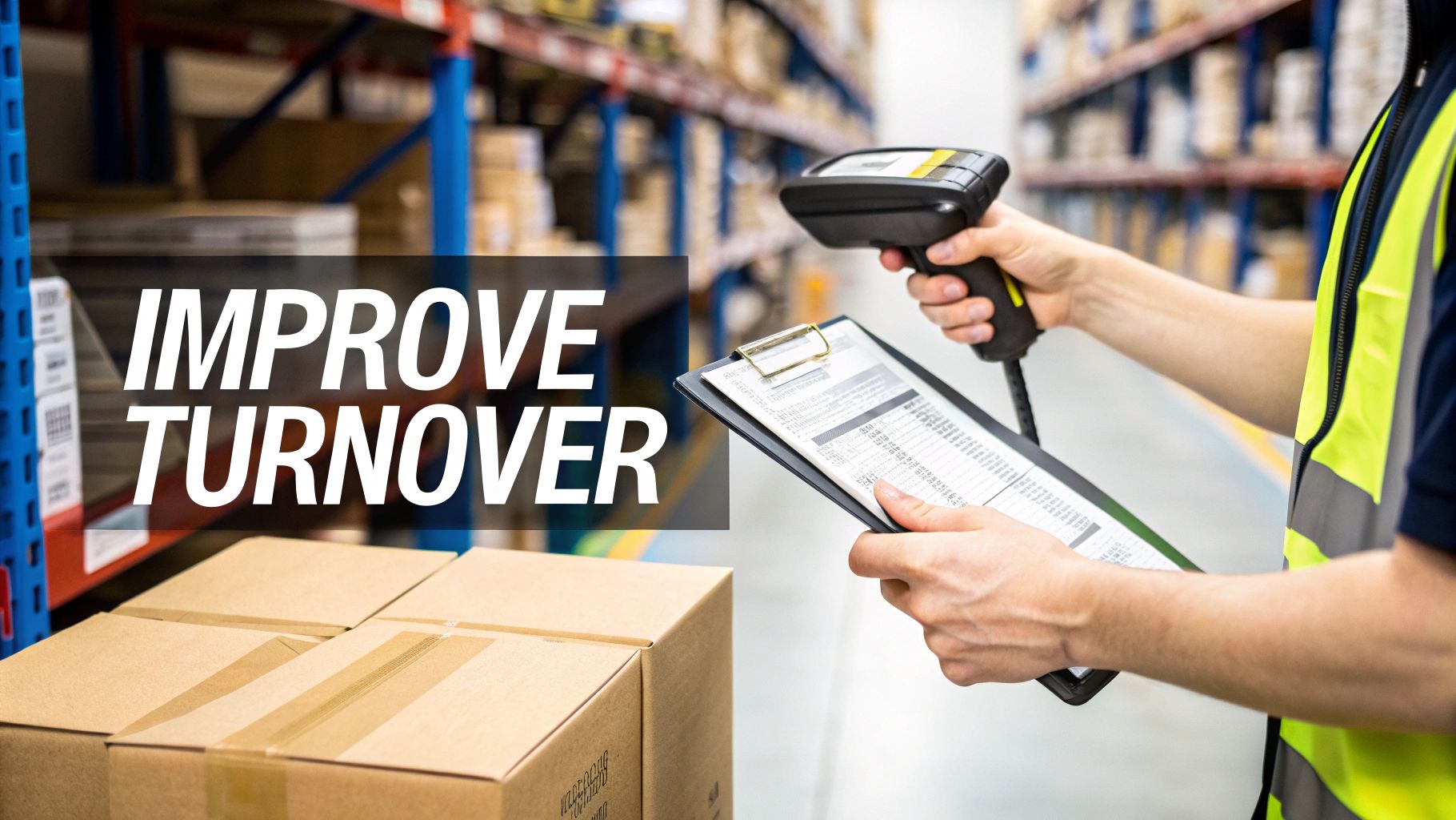 Warehouse worker scanning barcode on box with handheld scanner to improve inventory turnover tracking
