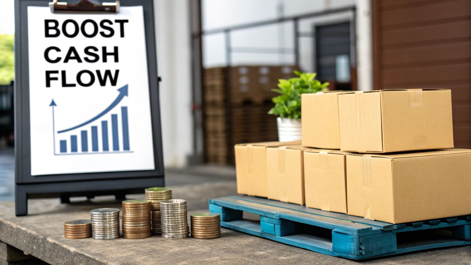 Business cash flow improvement concept with cardboard boxes on pallet and stacked coins