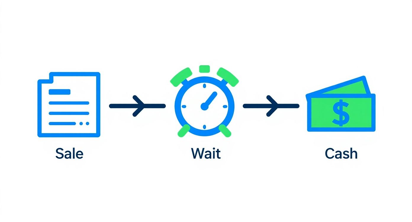 Sales process flow diagram showing sale document, wait timer, and cash money illustrating payment cycle