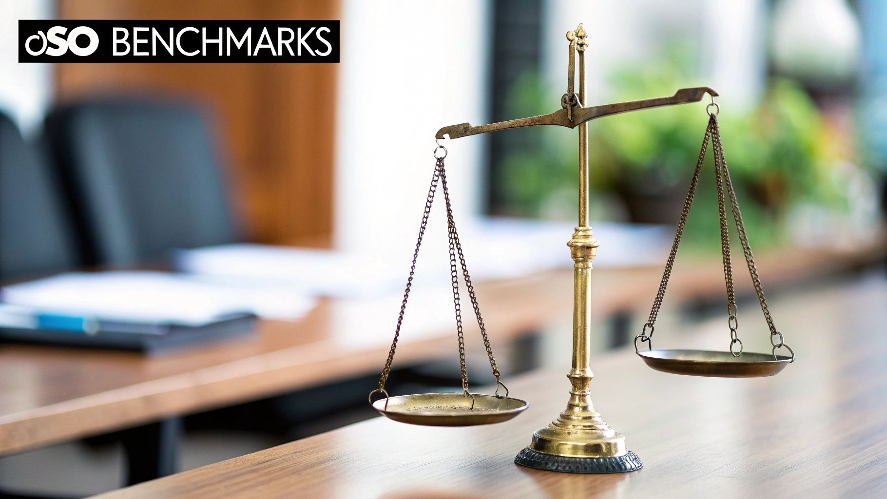 Brass balance scales symbolizing equilibrium and fairness in financial measurement and business benchmarks