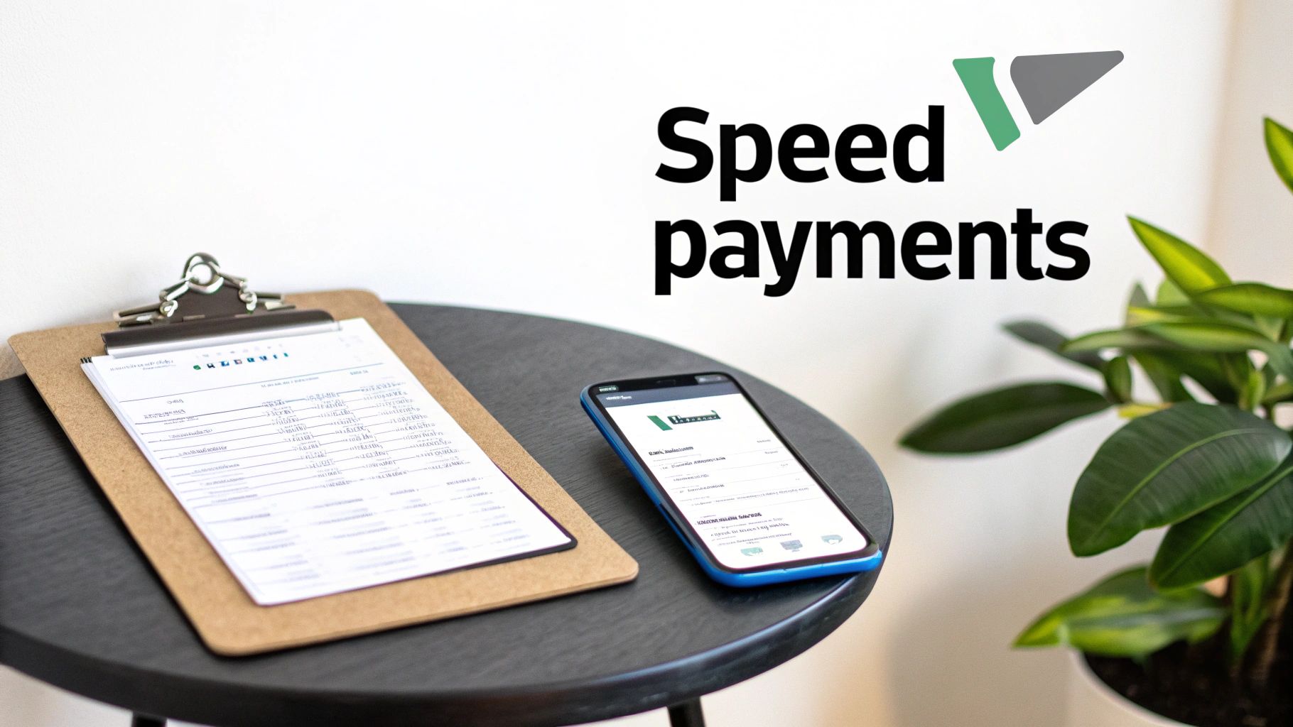 Speed payments logo on wall with smartphone displaying invoice and financial document on desk