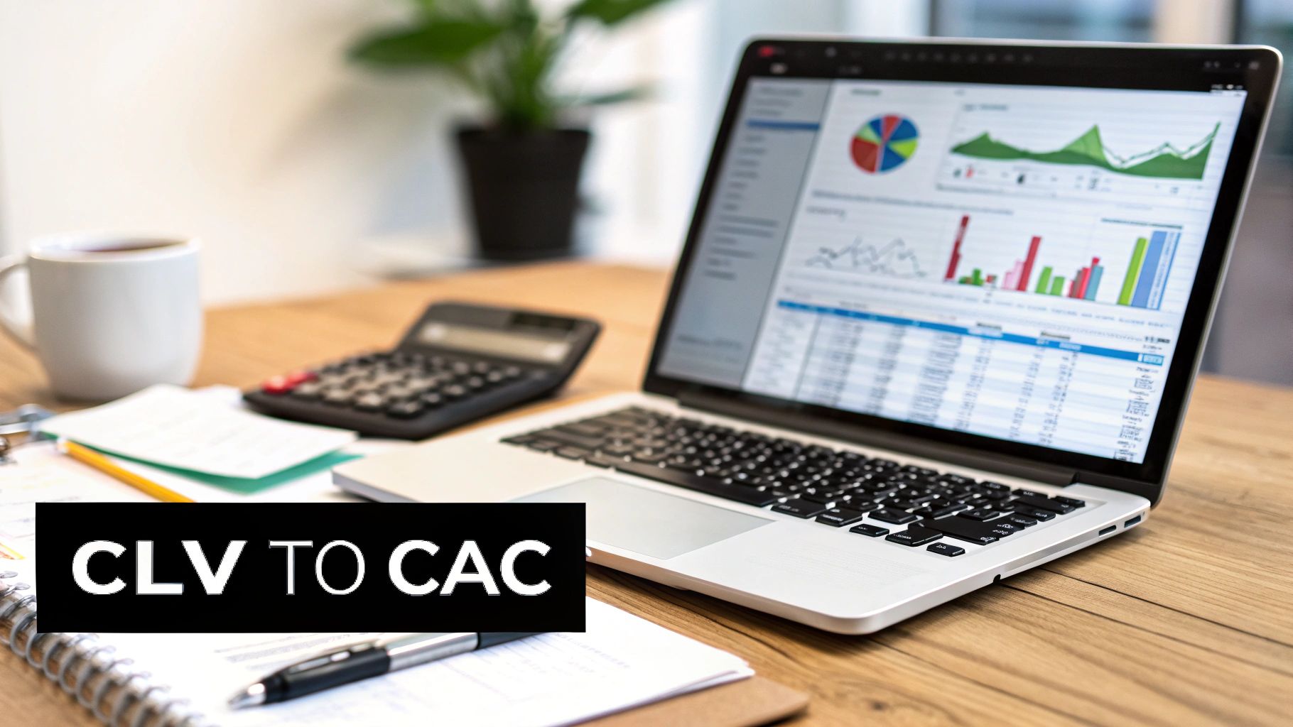 Laptop displaying customer lifetime value analytics dashboard with charts and graphs on wooden desk