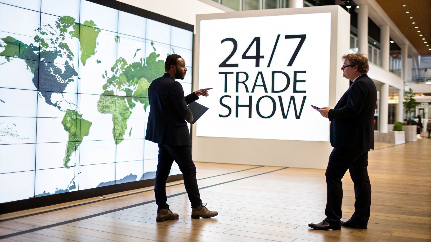Two business professionals discussing at international trade show with world map display and signage