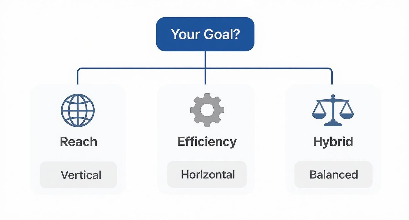 Three business growth strategy options showing reach, efficiency, and hybrid approaches with vertical, horizontal, and balanced paths