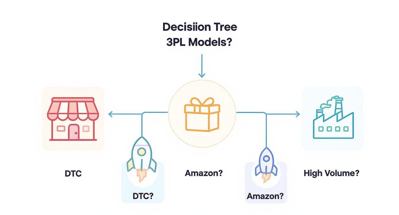 Decision tree diagram showing 3PL logistics model options including DTC, Amazon, and high volume manufacturing