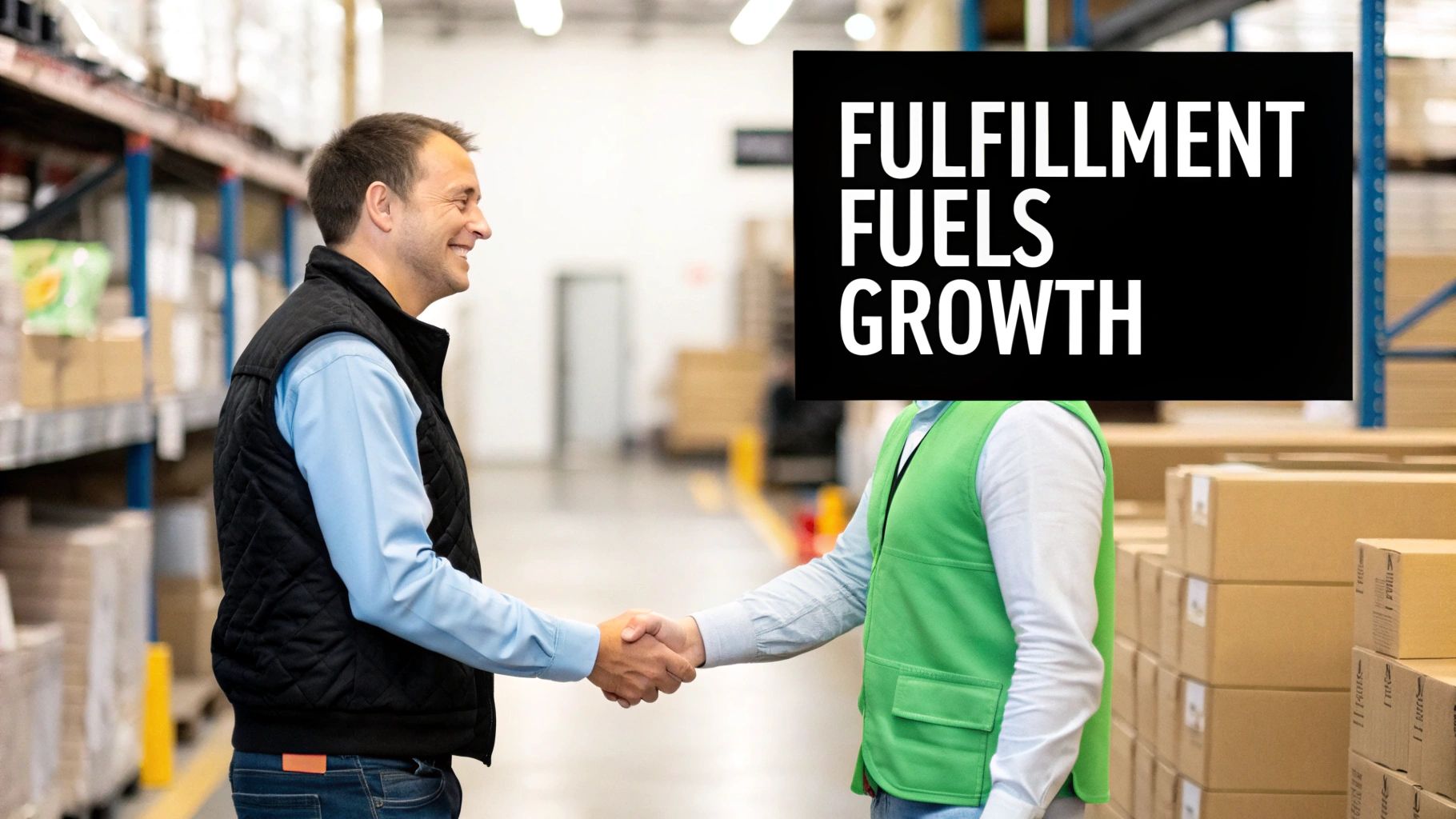 Two warehouse workers shaking hands in fulfillment center with stacked boxes and inventory shelves