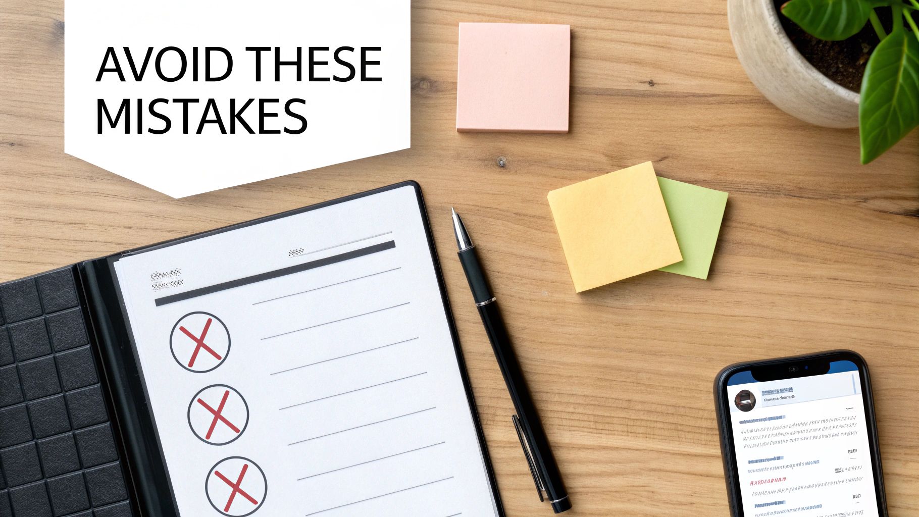 A flat lay of a desk with a notebook titled 'AVOID THESE MISTAKES', a checklist, pen, sticky notes, and a smartphone.