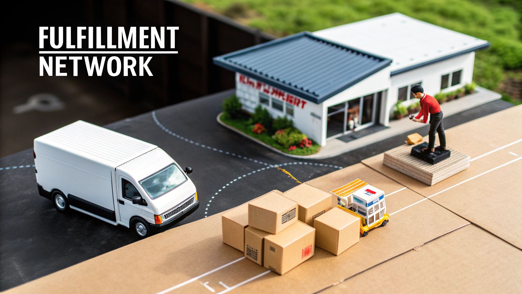 A miniature diorama illustrating a fulfillment network with a delivery van, warehouse, and boxes.