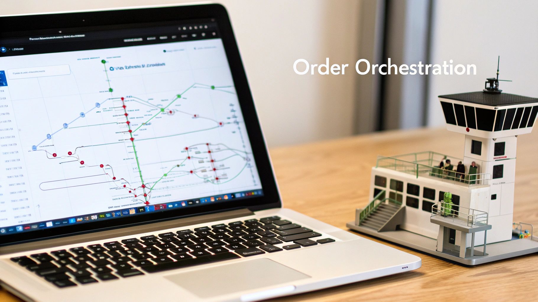 A laptop displays a complex logistics diagram next to a model control tower with 'Order Orchestration' text.