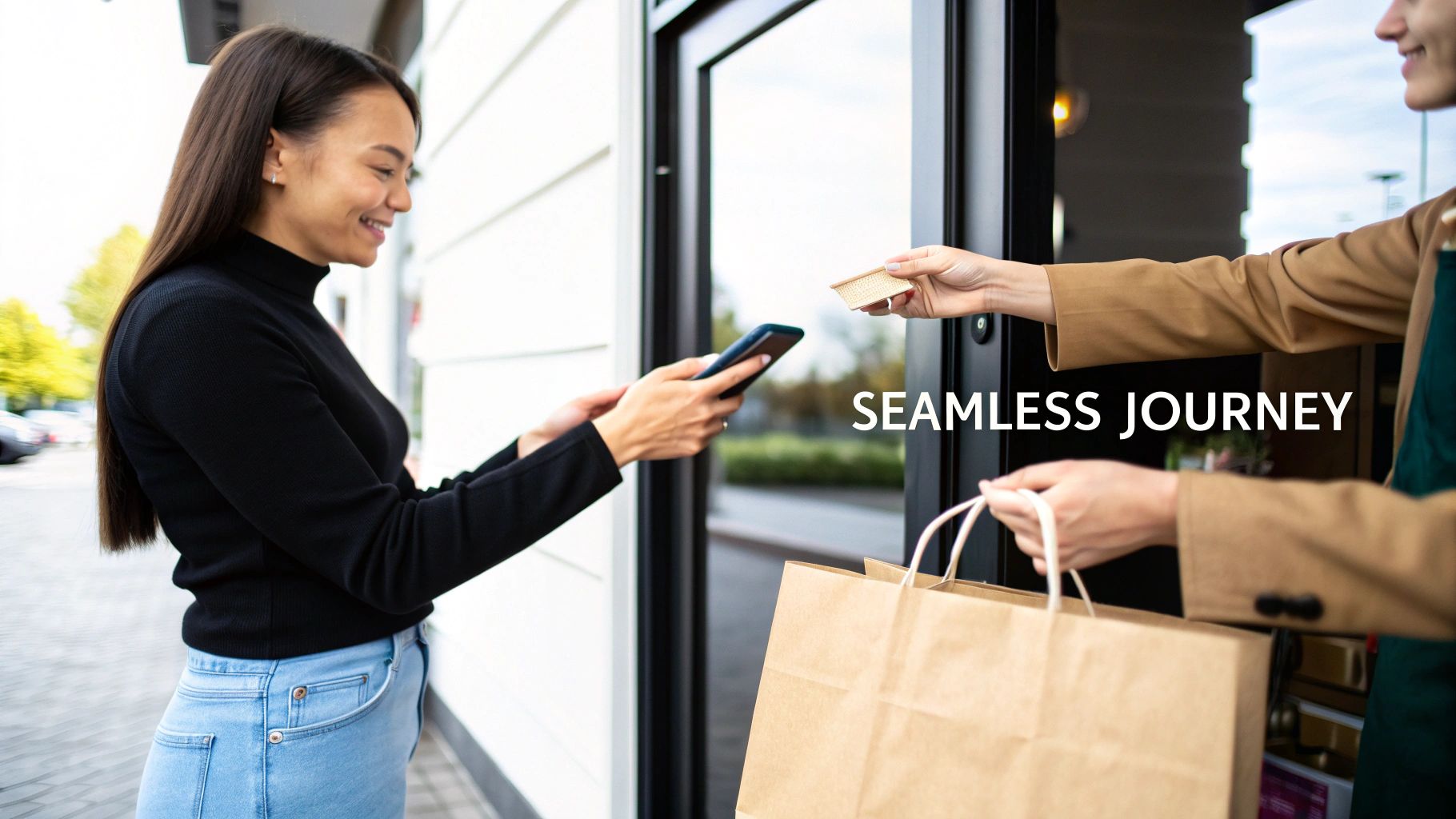 A smiling woman uses her smartphone for a contactless pickup, receiving food and a bag from a vendor.