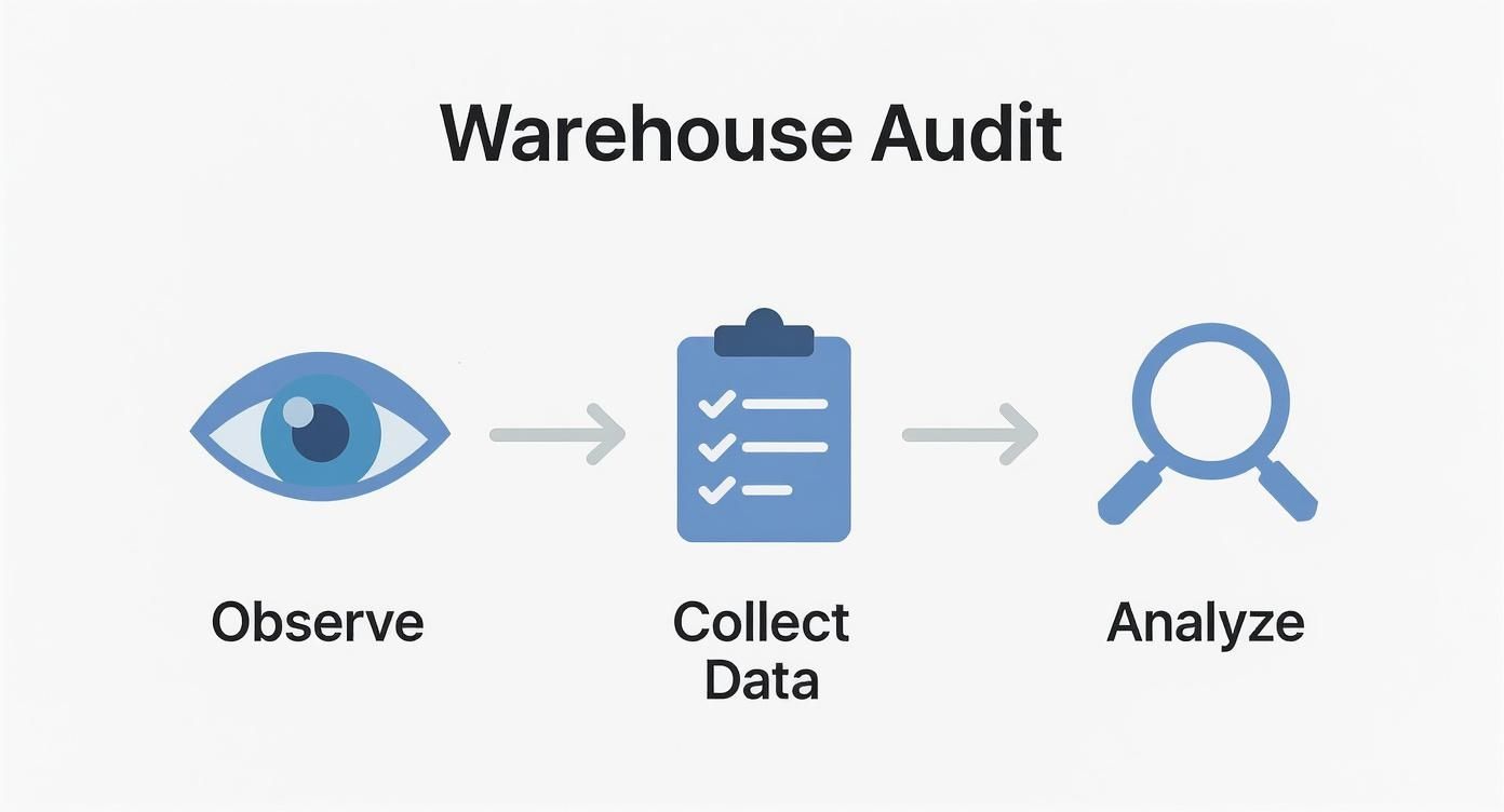 A visual process flow for warehouse audit, showing three steps: Observe, Collect Data, Analyze.