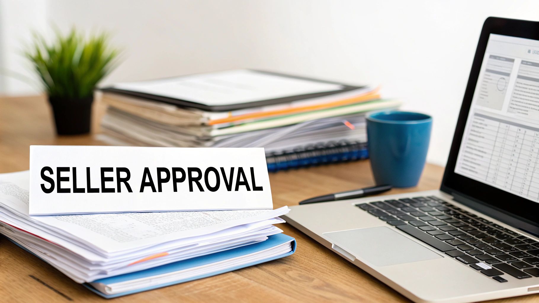 A desk with a 'SELLER APPROVAL' sign, stacks of documents, a laptop, pen, and blue mug.