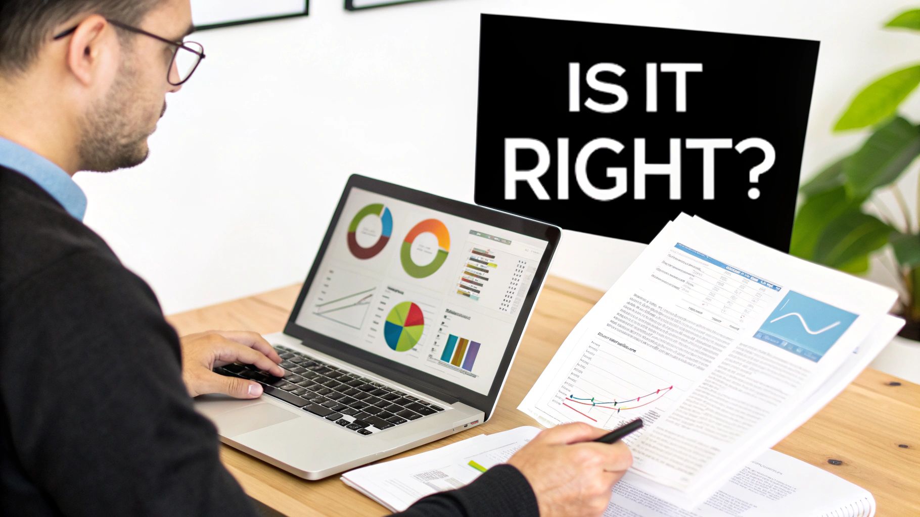 A man reviews financial data on a laptop and documents, asking 'Is It Right?'