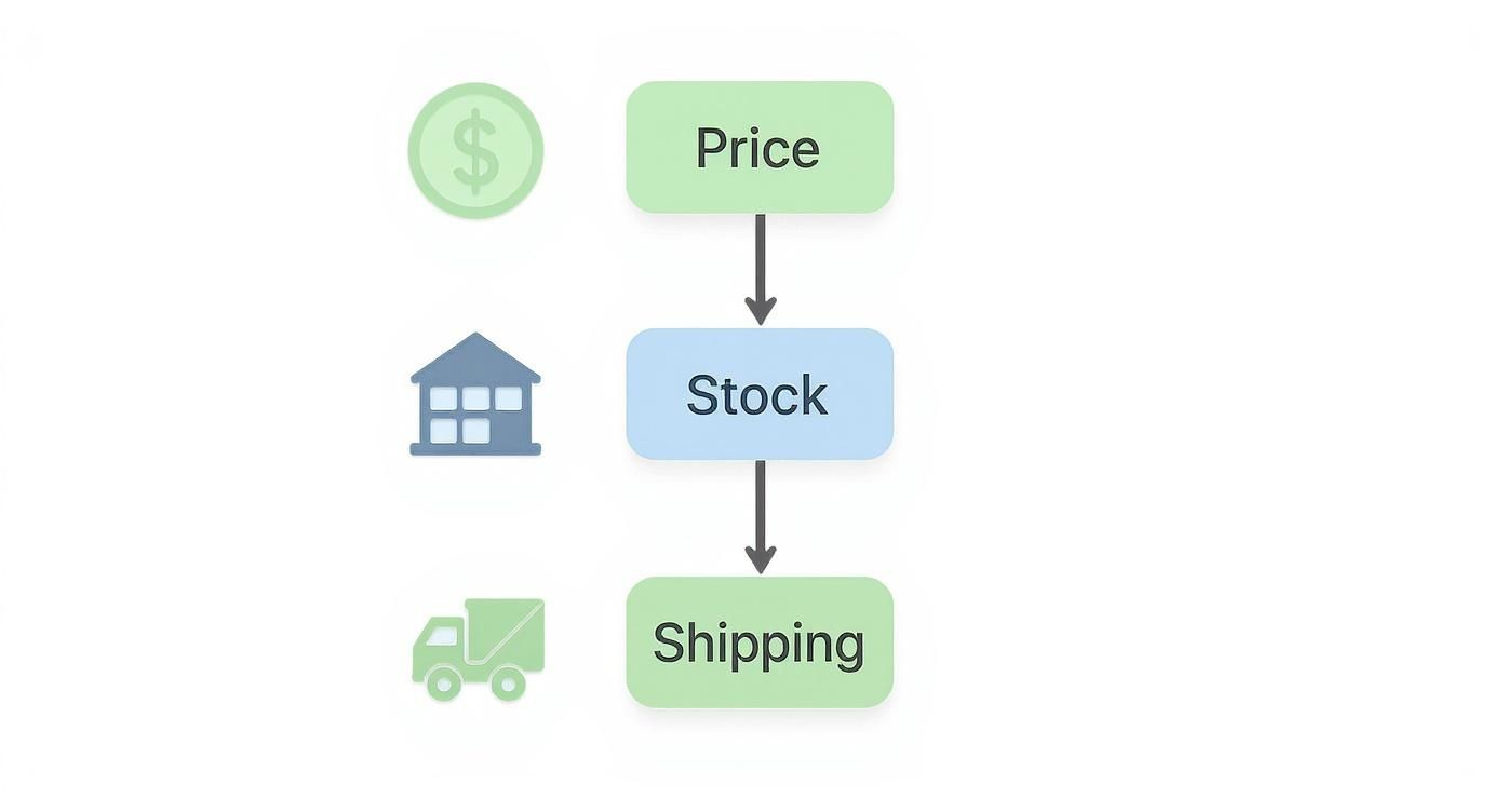 A visual representation of the e-commerce fulfillment process including price, stock, and shipping stages.