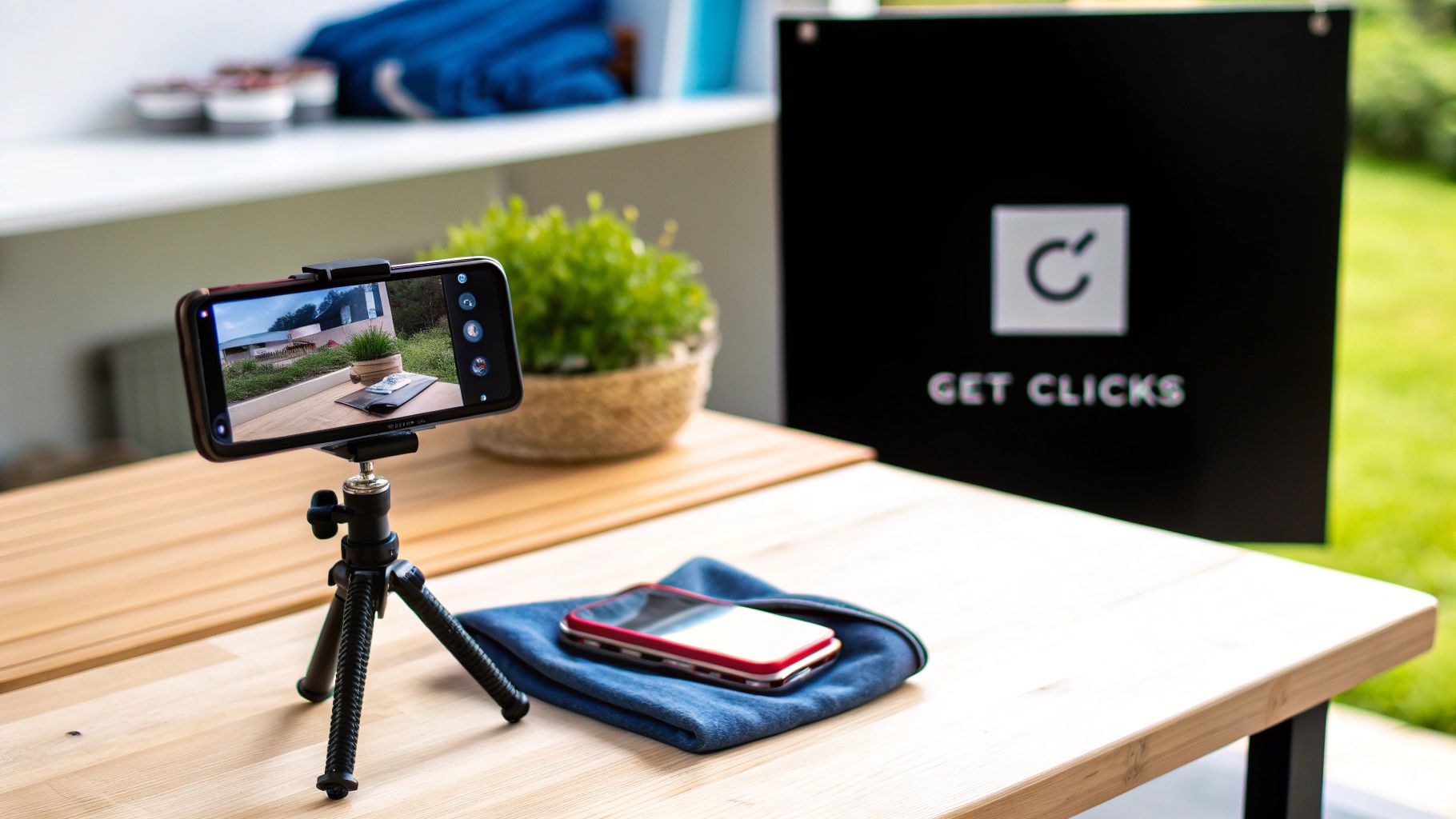 A smartphone on a tripod records another phone and a 'Get Clicks' sign on a wooden table.