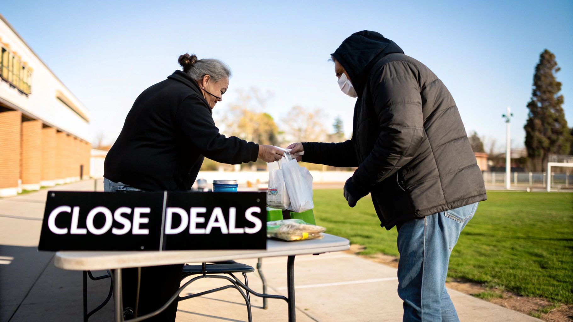 Two individuals exchanging a bag over a table with a 'CLOSE DEALS' sign at an outdoor event.