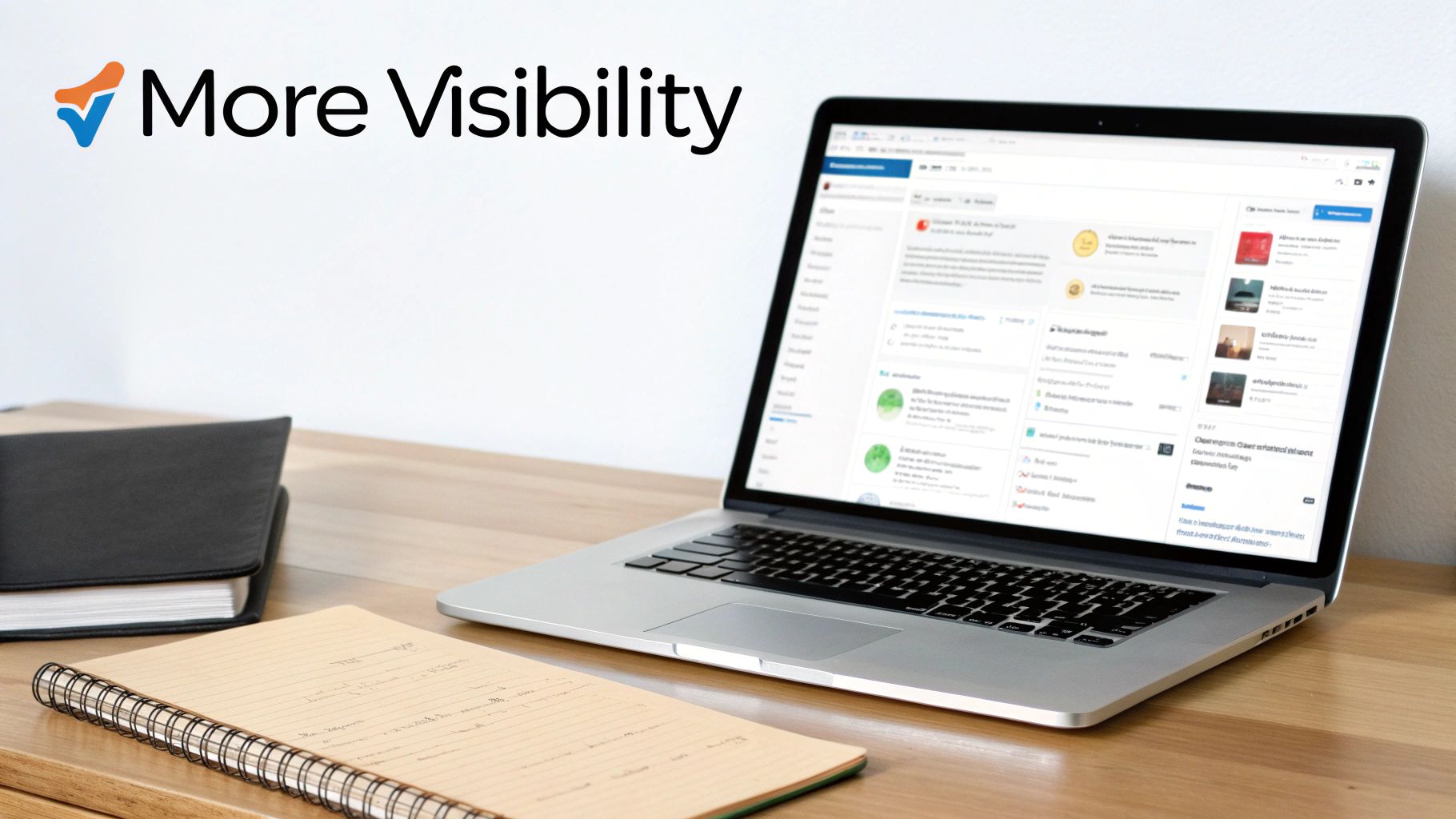 A laptop on a wooden desk displays a website, alongside an open notebook and a black book, with a 'More Visibility' logo on the wall.