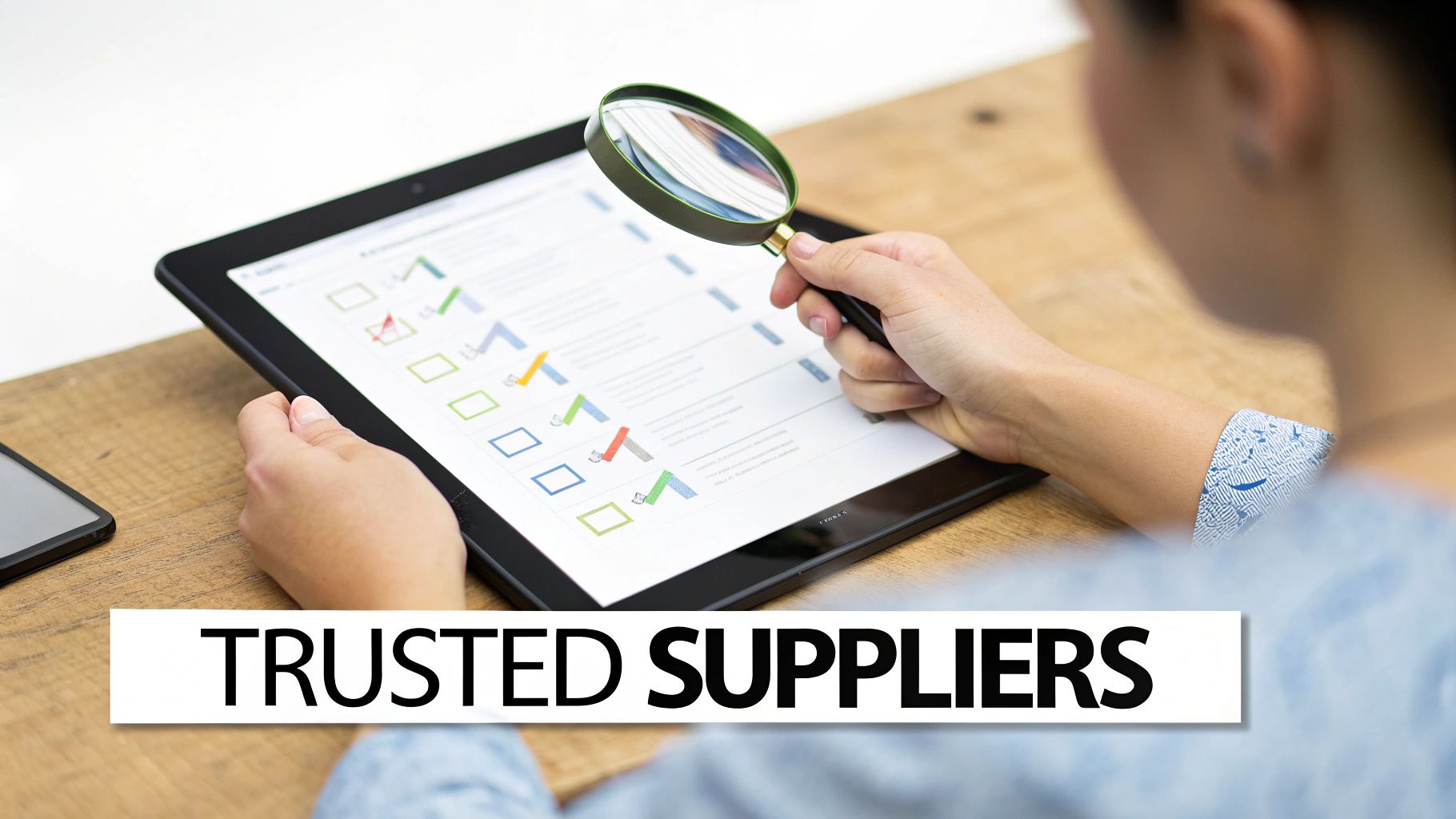 Person uses a magnifying glass to review a checklist on a tablet with 'TRUSTED SUPPLIERS' overlay.