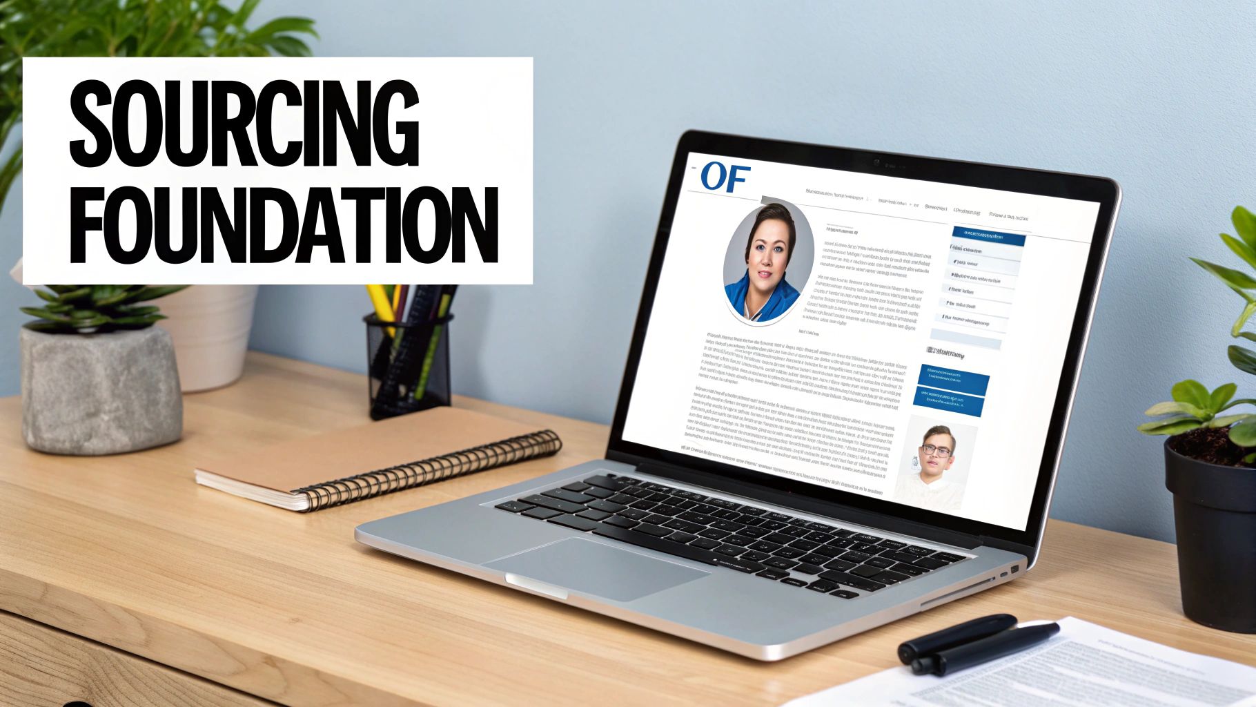 A desk with a laptop showing a profile page, a notebook, plants, and a 'SOURCING FOUNDATION' text overlay.