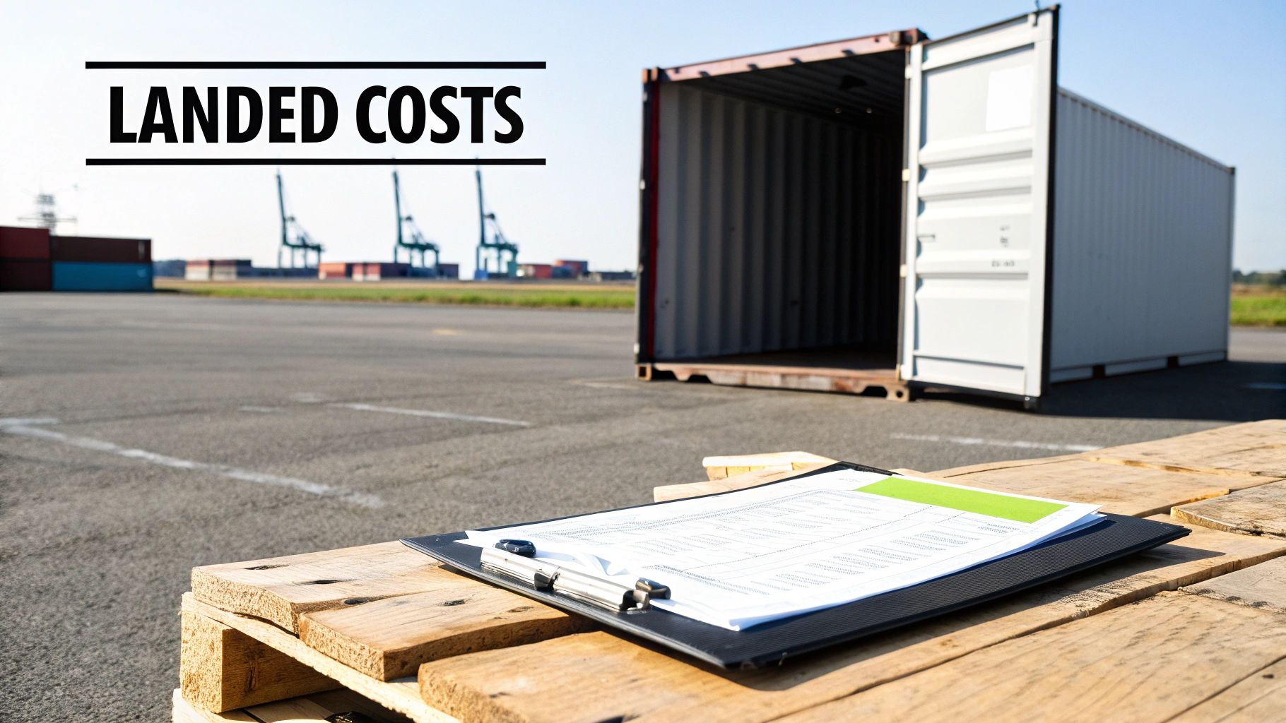 An open shipping container at a bustling port with a clipboard and papers, illustrating 'LANDED COSTS'.