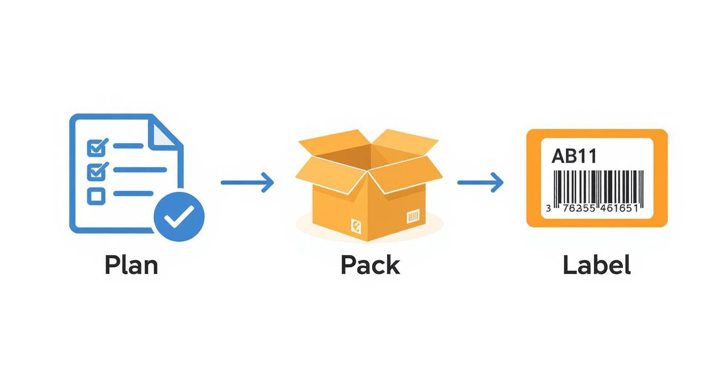 Diagram showing a three-step process: plan with checklist, pack with a box, and label with a barcode.