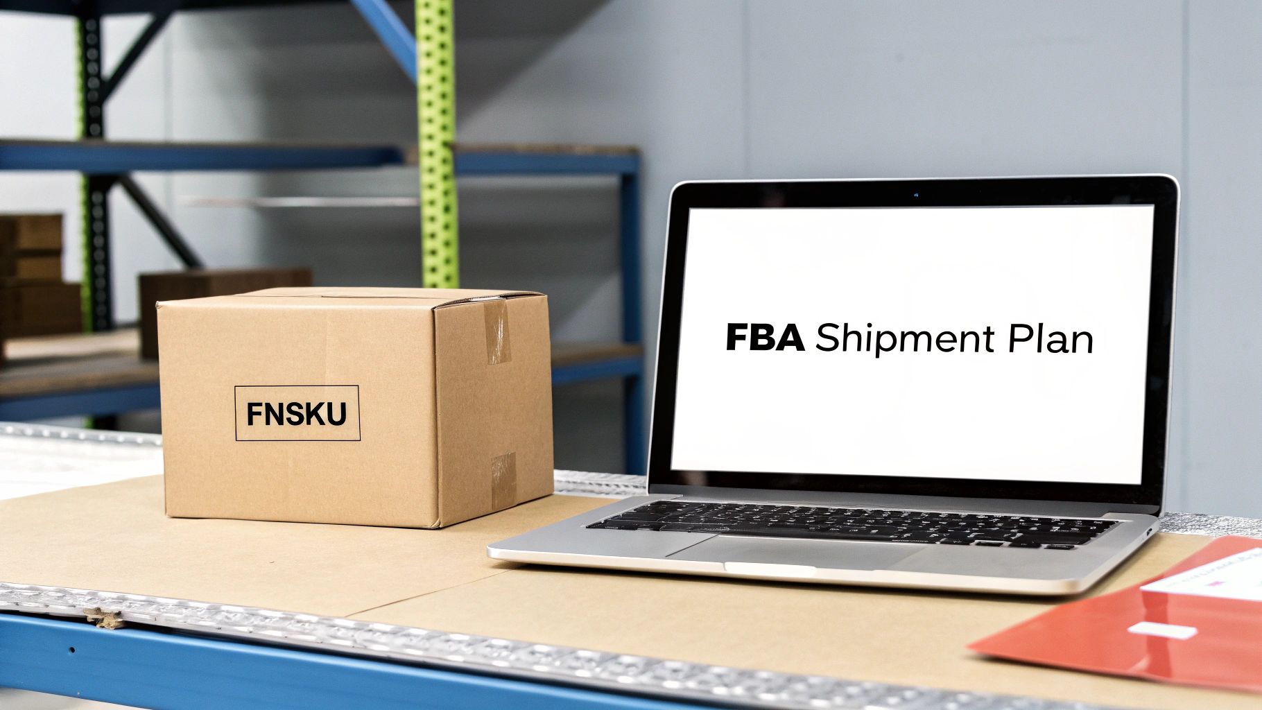 Cardboard box labeled FNSKU next to a laptop displaying 'FBA Shipment Plan' in a warehouse setting.