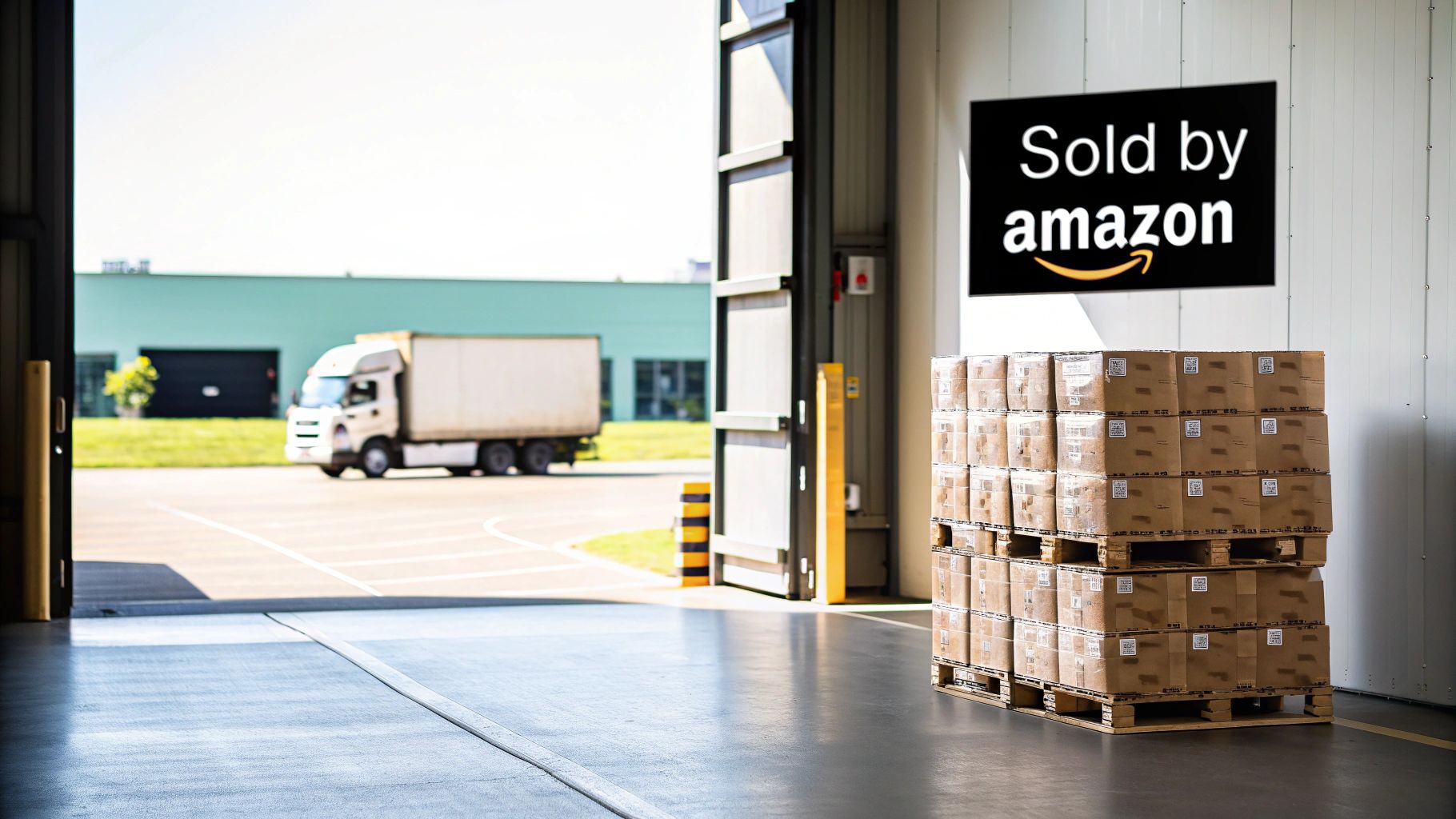 An Amazon warehouse with a truck outside, and pallets of 'Sold by Amazon' boxes inside.