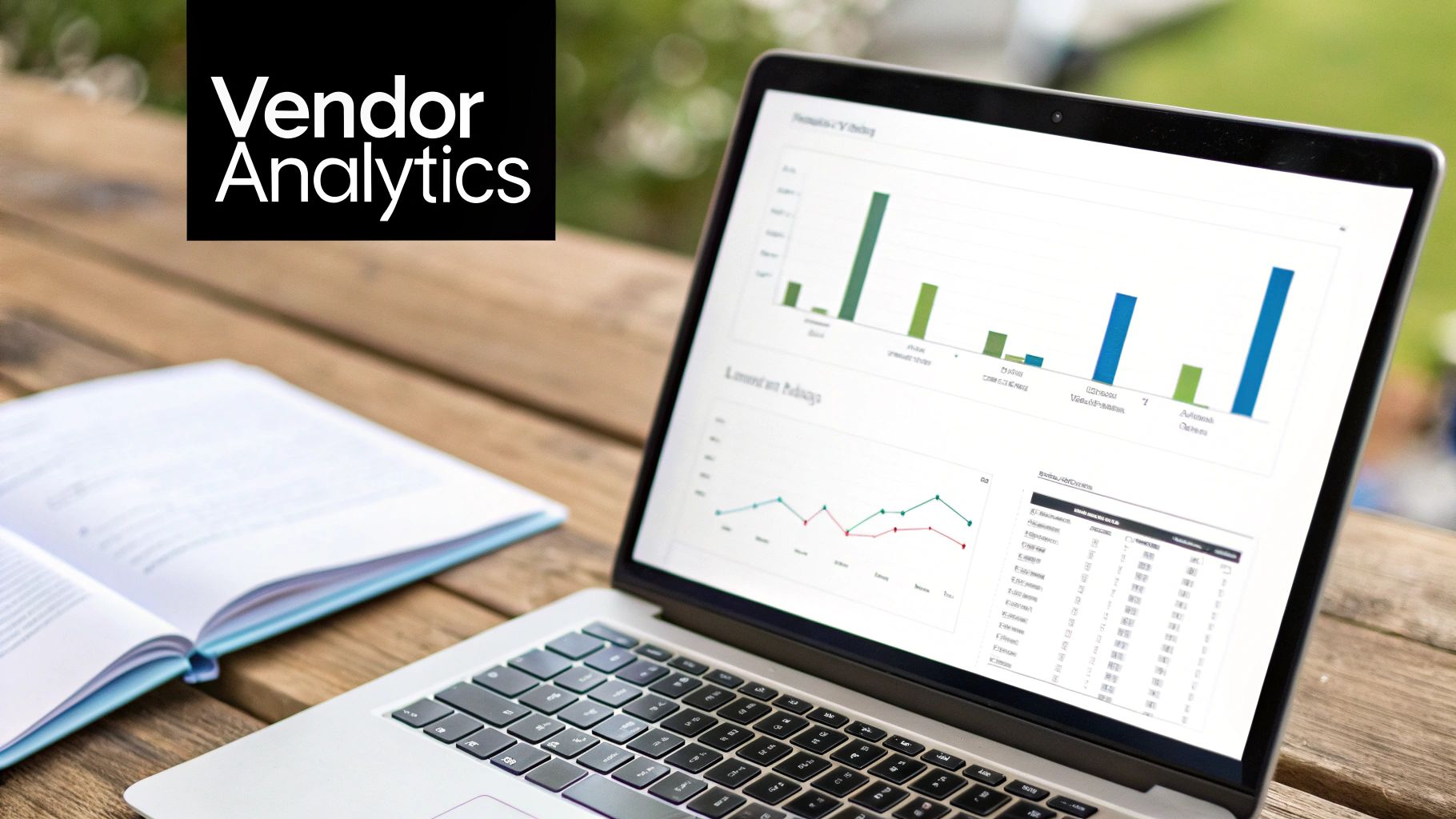 A laptop displaying vendor analytics charts and graphs, next to an open book on a wooden table.