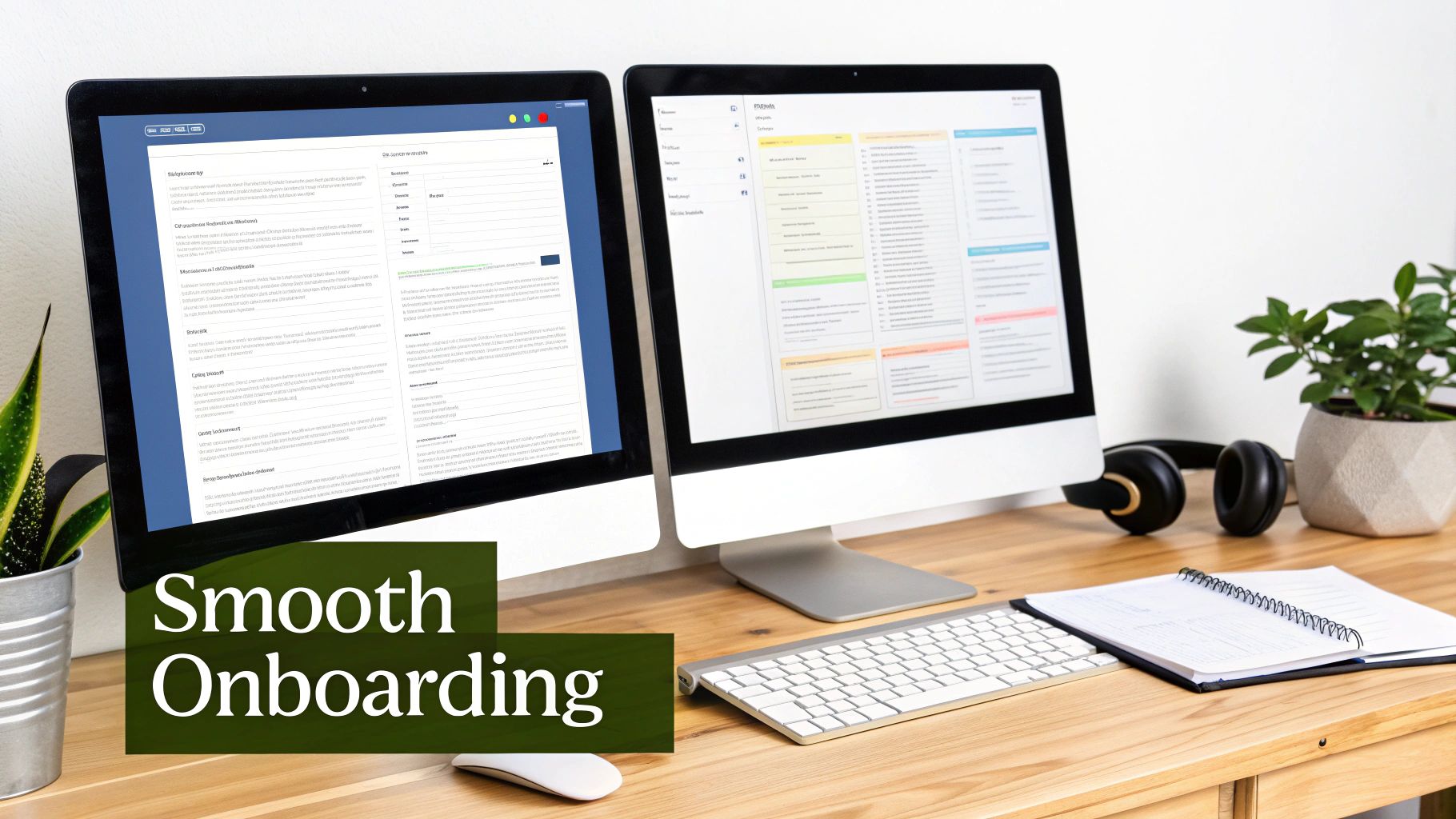 Dual monitor workspace on a wooden desk with a keyboard, mouse, headphones, and 'Smooth Onboarding' text.