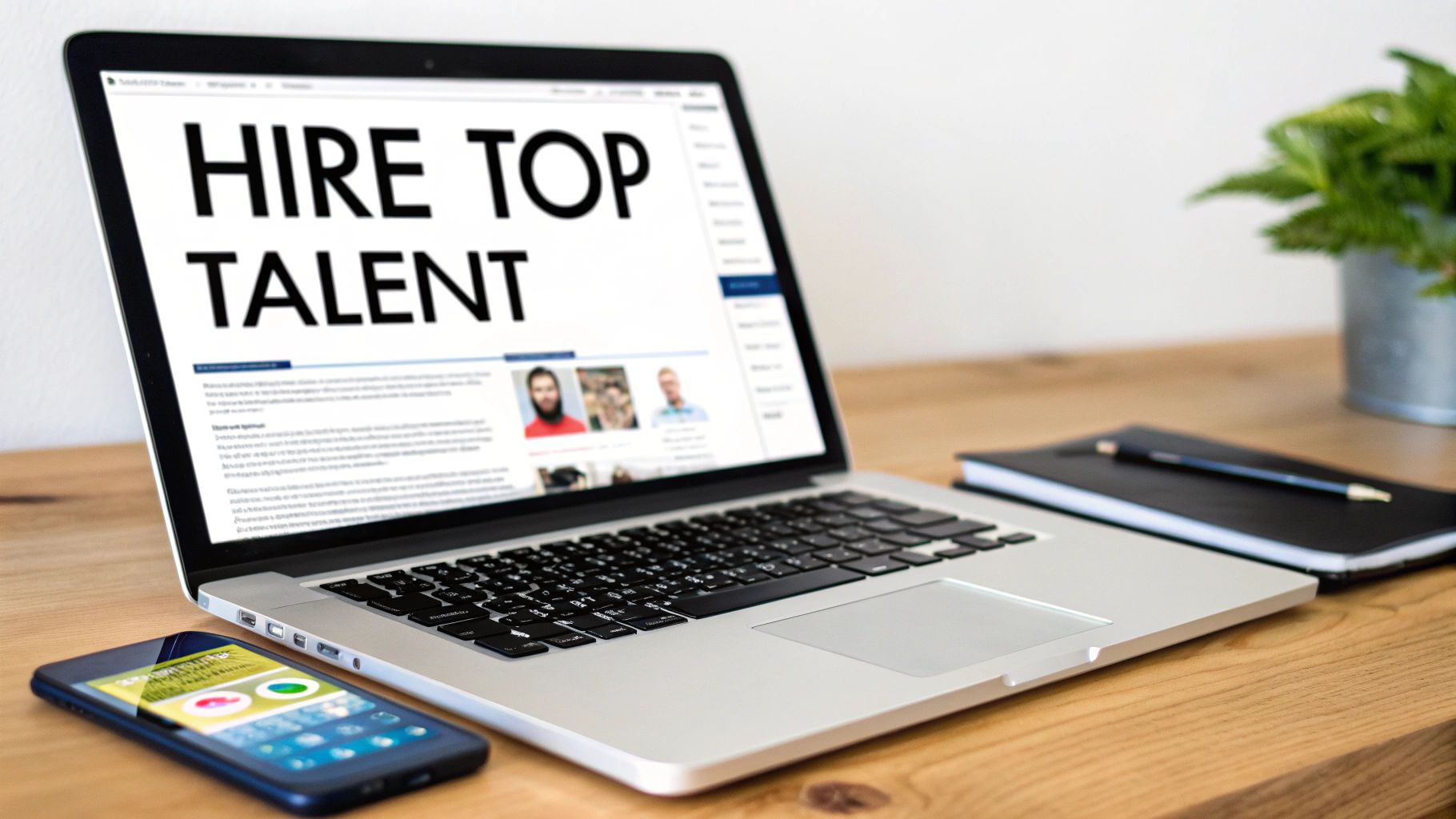 A laptop displaying 'HIRE TOP TALENT' on its screen, next to a smartphone and a notebook on a wooden desk.