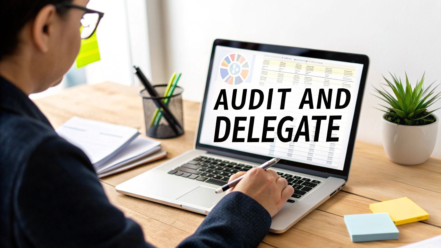A person works on a laptop displaying 'AUDIT AND DELEGATE' text, surrounded by office supplies.