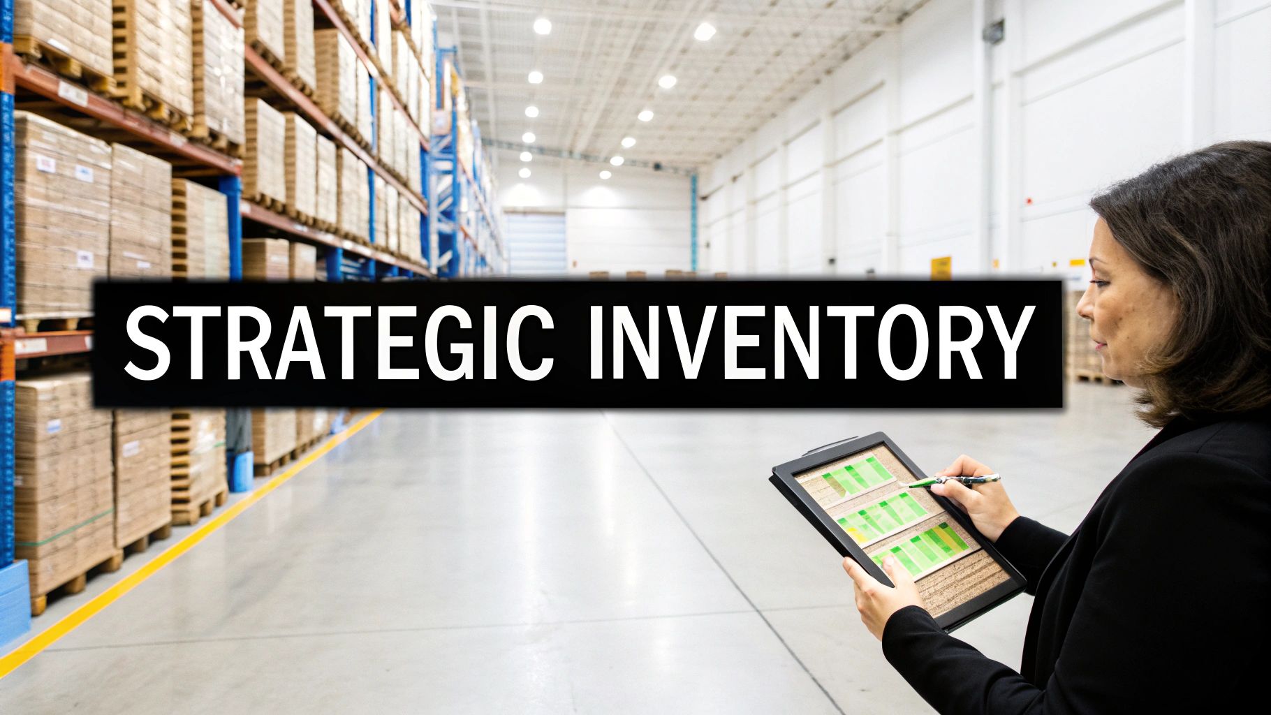 A woman in a large warehouse uses a tablet to manage strategic inventory, with stacks of boxes in the background.
